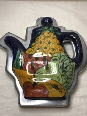 Talavera Pottey & Pewter Wall Hanging Hook Rack For Keys or Kitchen Linens.